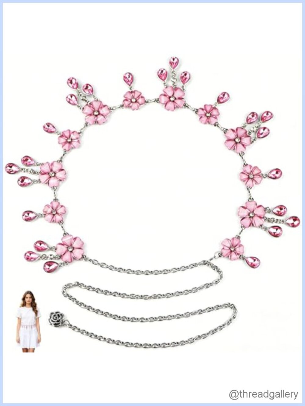 Rhinestone Chain Belt Flower Silver Metal Waist Chain for Dresses Jeans